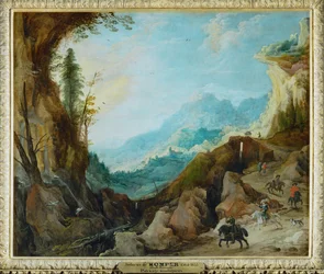 Paysage montagneux avec un pont et quatre cavaliers …