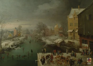 Paysage hivernal avec patineurs et marché aux cochons