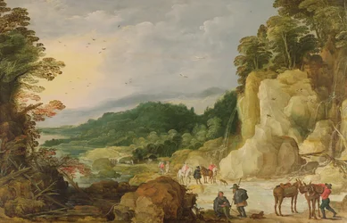Paysage de Montagne avec Cascade et Voyageurs à un Gué
