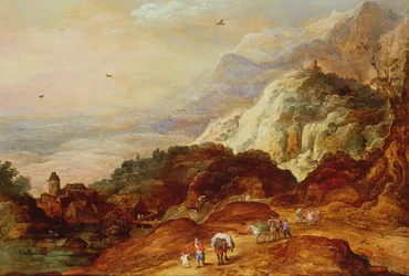 Paysage montagneux avec personnages et mules