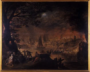 Ville en flammes au bord de la mer