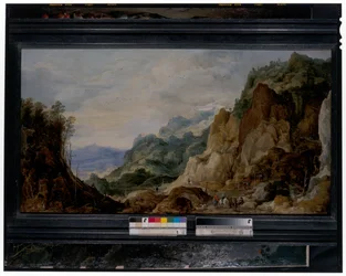 Paysage montagneux panoramique avec des compagnons donnant aux pauvres, chevaux de bât au-delà