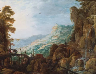 Paysage rocheux et montagneux avec un cavalier sur un pont et une chute d