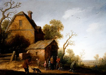 Un paysage boisé avec des figures et des chiens