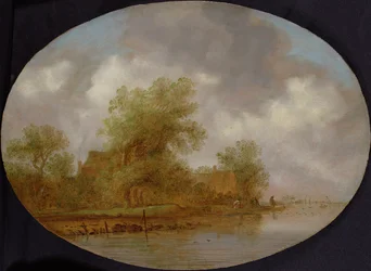 Paysage fluvial avec pêcheurs tirant des filets