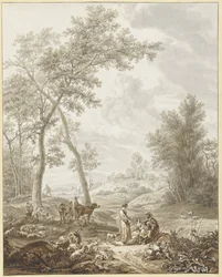 Jacob avec Rachel et Léa dans un paysage