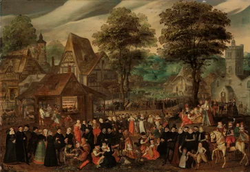 Une fête de village avec des personnages élégamment vêtus en procession, une rivière et une tour au-delà