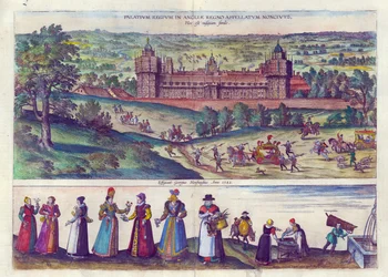 Arrivée de la reine Elizabeth I au palais de Nonesuch et hommes et femmes de la société Tudor, 1598
