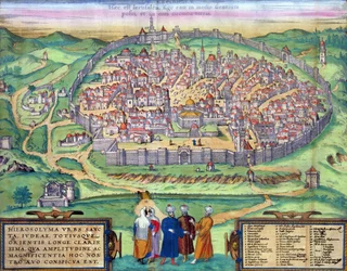 Carte de Jérusalem, tirée de «Civitates Orbis Terrarum» de Georg Braun (1541-1622) et Frans Hogenberg (1535-90), vers 1572