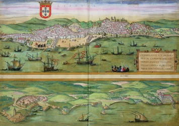 Carte de Lisbonne et de Cascais, extraite de « Civitates Orbis Terrarum » par Georg Braun (1541-1622) et Frans Hogenberg (1535-90), v. 1572