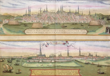 Carte de Lübeck et Hambourg, tirée de « Civitates Orbis Terrarum » par Georg Braun (1541-1622) et Frans Hogenberg (1535-90), vers 1572