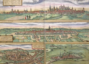 Carte de Nuremberg, Ulm et Salzbourg, tirée de « Civitates Orbis Terrarum » de Georg Braun (1541-1622) et Frans Hogenberg (1535-90), vers 1572