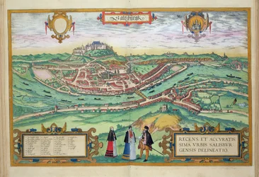 Carte de Salzbourg, tirée de «Civitates Orbis Terrarum» par Georg Braun (1541-1622) et Frans Hogenberg (1535-90), vers 1572-1617
