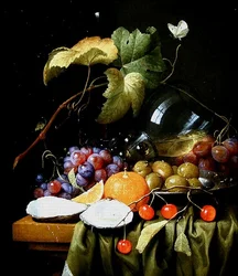 Nature morte de fruits, vignes et une huître