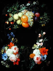 Oranges, pêches, raisins, prunes, fraises, framboises et autres fruits avec des roses, chèvrefeuille et autres fleurs