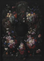 Cartouche en pierre avec guirlande de fruits et de fleurs