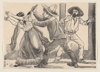 Un homme saisissant une femme par la manche et la poignardant, provenant d
