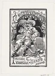 Un homme avec des armes et une pipe dans la bouche flanqué de deux squelettes, illustration..., vers 1880-1910