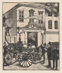 Pompiers éteignant un incendie dans une maison, camion de pompiers au premier plan, vers 1880-1910