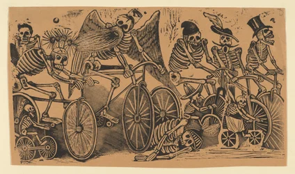 Squelettes calaveras à vélo, ca. 1900