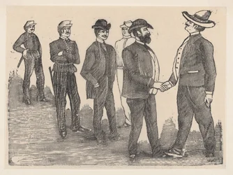 Deux hommes se serrant la main au premier plan et des officiers les regardant en arrière-plan, vers 1880-1910