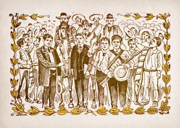 Mexique, Révolution mexicaine : "El Triunfo de Madero" (Francisco Indalecio Madero Gonzalez (1873-1913) élu président avec le soutien des révolutionnaires Villa et Zapata. Portrait à cheval au milieu de la foule de ses partisans. Gravure par