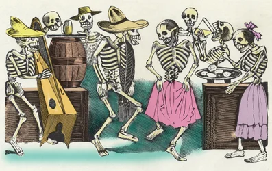 Les morts vivants : "" Gran Fandango y Francachela de todas las Calaveras "", xylographie de José Guadalupe Posada (1852 - 1913) illustrant les festivités du Jour des Morts (1er novembre). Mexique.