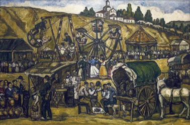 GUTIERREZ SOLANA, Jose (1886-1945). Fête dans la prairie de San Isidro à Madrid. 1933. Huile sur toile. Collection privée