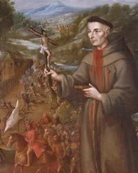 Destruction par les Indiens de la mission de Saint Saba au Texas et martyre du frère franciscain José de Sanriesban (détail)