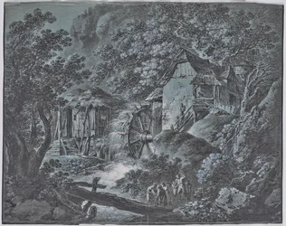 Moulin dans un paysage forestier avec plusieurs personnes et un géant