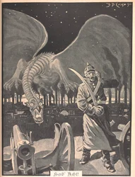 Dessin pour le poème "Comme la nuit". Un dragon produit par la fumée des usines, derrière un soldat allemand. Une scène surréaliste