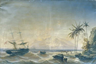 Navire de guerre devant les îles du Pacifique Sud