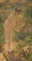 Nu féminin debout dans le jardin. Vers 1900