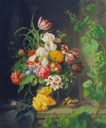 Nature morte de fleurs avec moineau et vigne