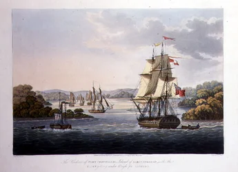Le port de Port Cornwallis. Île de Great Andaman, avec la flotte se préparant à partir pour Rangoon, gravée par G. Hunt, pub. par Kingsbury & Co., Londres