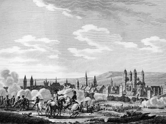 Révolution française et mouvement anti-révolutionnaire prussien : Capture de la ville de Spire (Speyer en allemand) en octobre 1792, Allemagne. Gravure par Berthaut d