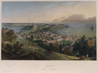 Port Antonio, Jamaïque. Lithographie (42x57,2 cm) par Joseph Bartholomew Kidd (1808-1889)
