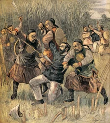 Deux officiers français tués à Quang - Tcheou - Wan, en décembre 1899, au début de la rébellion des Boxers. Chine