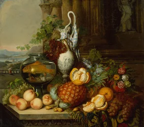 Nature morte avec fruits, bocal à poissons et paysage
