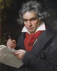 Portrait de Ludwig van Beethoven, compositeur et pianiste allemand, composant la Missa Solemnis