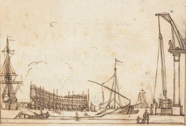 Scène de quai: Bateaux et navires de différentes tailles; Construction navale; Machines à poulies avec opérateurs