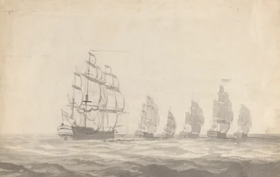 Six cuirassés virant de bord par gros temps