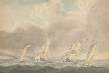 Deux sloops de guerre, une barque et une goélette (?), poupes en avant, en mer agitée; plusieurs voiliers en arrière-plan