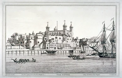 Vue sud de la Tour de Londres avec des bateaux sur la Tamise, 1795