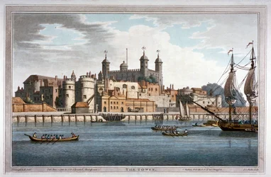 Vue sud de la Tour de Londres avec des bateaux sur la Tamise, 1795