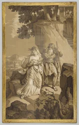 Panneau de tapisserie avec une scène des Amours de Psyché: Psyché sur un escalier taillé dans la roche, en grisaille