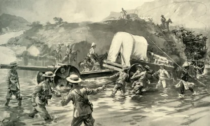 Transport du canon naval de 4.7 à travers le Tugela, 1900