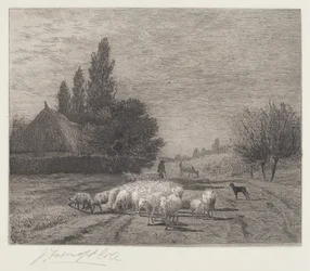 Rue de village en France avec un troupeau de moutons