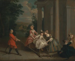 Enfants jouant avec un cheval à bascule