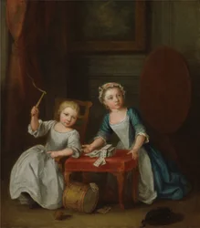 Deux enfants de la famille Nollekens, probablement Jacobus et Maria Sophia, jouant avec une toupie et des cartes, 1745